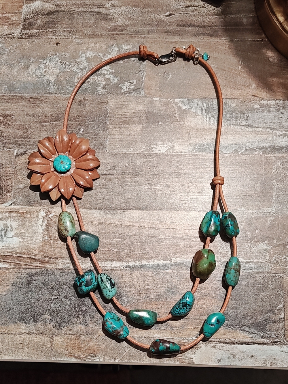Turquoise Bead Leather Flower Necklace - Brown and Turquoise